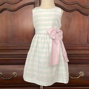 RUFFLEBUTTS Girls Mint Green Stripe Dress Pink Bow Size 4T
